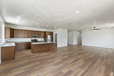Kitchen with open floor plan, dark wood finished floors, stainless steel appliances, ceiling fan, and recessed lighting