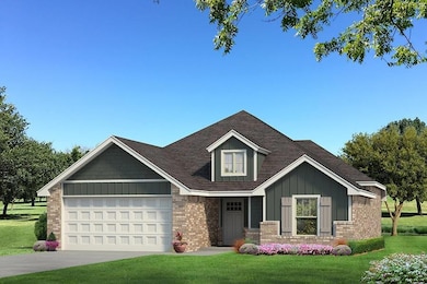 View of front of home with board and batten siding, brick siding, an attached garage, and a front lawn