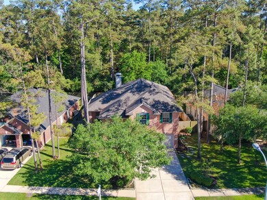 Aerial view of heavily wooded area behind house.