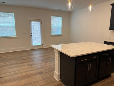 Kitchen featuring light wood finished floors, dark cabinets, decorative light fixtures, a center island, and baseboards