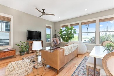 Living room with custom window treatments