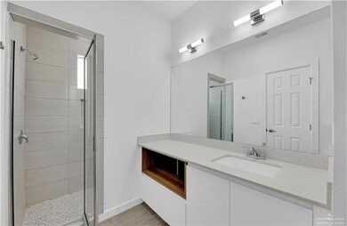Bathroom with a shower stall and vanity