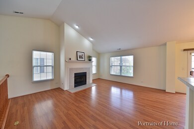 Gorgeous living room with vaulted ceiling and gas 