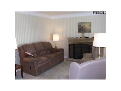 Carpeted Living room with stone gas fireplace.