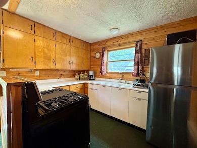 Kitchen with freestanding refrigerator, black gas stove, a sink, a textured ceiling, and wood walls