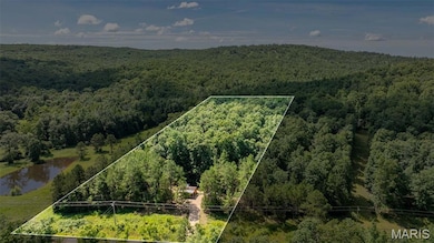 Aerial view of property and surrounding area with property parcel outlined and a nearby body of water