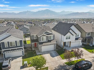 Aerial view of residential area with mountains