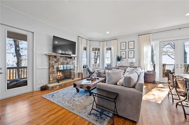 Living area featuring a fireplace, plenty of natur