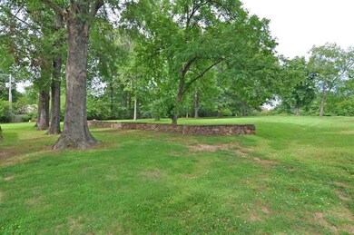 A large stone patio overlooks the large backyard t