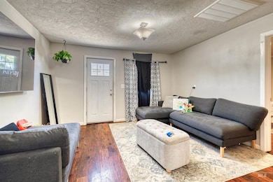 Living room featuring wood-type flooring and a textured ceiling