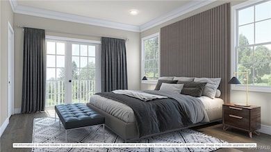 Bedroom with crown molding, hardwood / wood-style