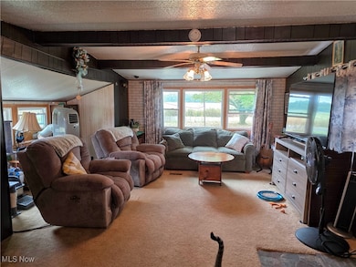 Living room with plenty of natural light, carpet floors, a ceiling fan, a textured ceiling, and wooden walls