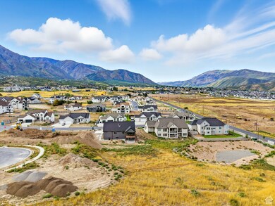 Aerial perspective of suburban area with a mountain backdrop
