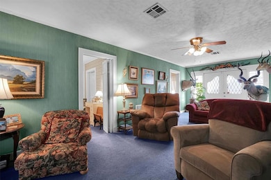 Living area featuring french doors, carpet floors, ceiling fan, a textured ceiling, and ornamental molding