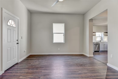 Foyer entrance featuring ceiling fan, sink, and dark hardwood / wood-style floors