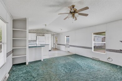 The photo shows a spacious living area with green