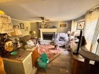 Living area with a fireplace, ceiling fan, and wood finished floors
