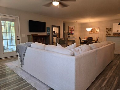 Living area featuring ceiling fan, dark wood-type flooring, and a chandelier