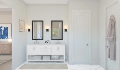 Primary bath with freestanding vanity