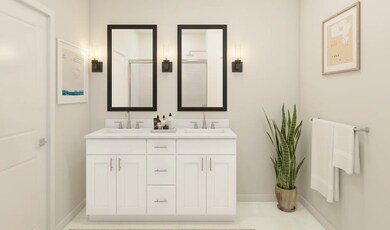 Primary bath with black-framed mirrors