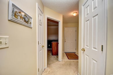 Hall featuring a textured ceiling, light carpet, and light tile patterned floors