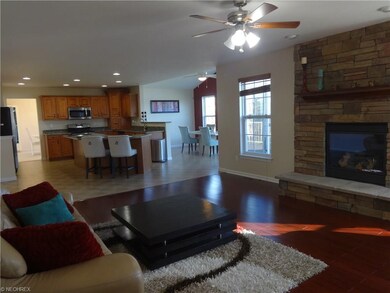 Family room with fireplace, open to large eat-in k