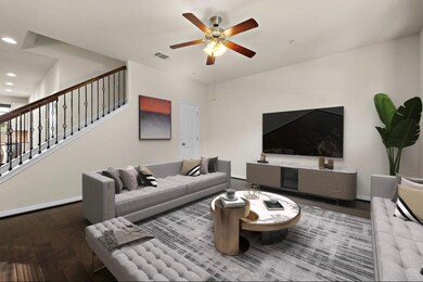 Living area with stairs, wood finished floors, ceiling fan, and recessed lighting