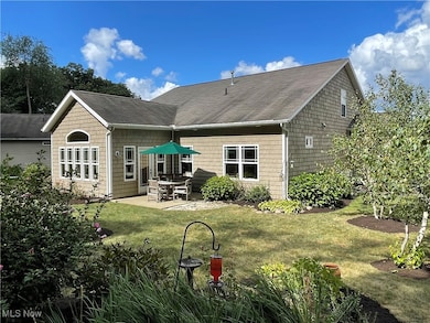 Rear view of house with a patio area, a lawn, and a shingled roof