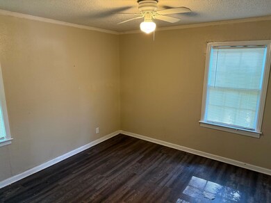 Empty room with dark wood finished floors, a textured ceiling, crown molding, and a ceiling fan