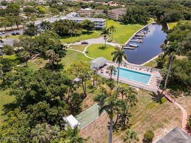Bird's eye view of shuffle board courts, pool and