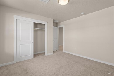 Unfurnished bedroom featuring a textured ceiling, light colored carpet, and a closet