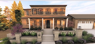 View of front of home with covered porch, brick siding, and an attached garage