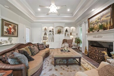 FAMILY ROOM  Tray ceiling, built-in cabinetry & fi