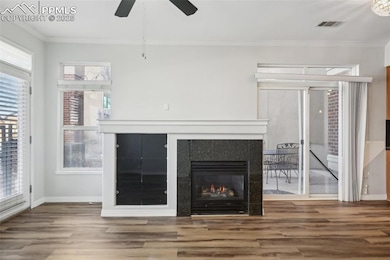 Living room has a gas fireplace and ceiling fan