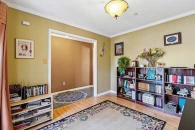 Living area featuring baseboards, ornamental molding, and wood finished floors