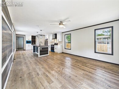 Living Area – A contemporary open layout showcasing a large center island with dark wood accents, pendant lighting, and stainless steel appliances.