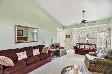 Carpeted living room with lofted ceiling, a textured ceiling, a high ceiling, and ceiling fan