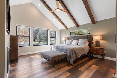 Bedroom featuring high vaulted ceiling, recessed lighting, beamed ceiling, dark wood-type flooring, and ceiling fan