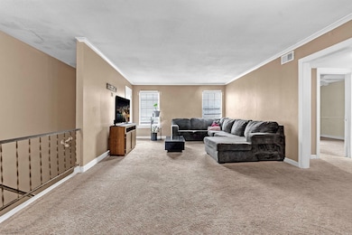 Living room with carpet flooring and crown molding