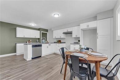 Kitchen with light wood finished floors, stainless steel dishwasher, white cabinets, and under cabinet range hood
