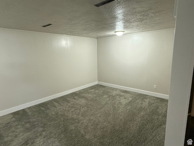 Finished below grade area featuring a textured ceiling and dark carpet