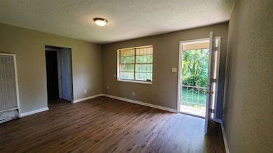 Empty room featuring a heating unit, dark wood-type flooring, and a textured ceiling