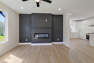 This feature wall matching the stunning exterior color holds your fireplace.