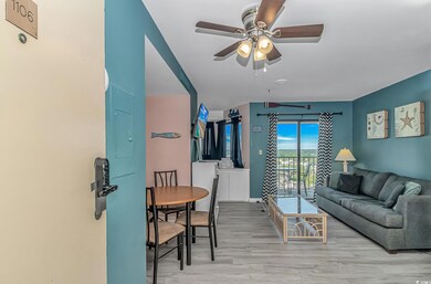 Living area featuring a ceiling fan and wood finished floors