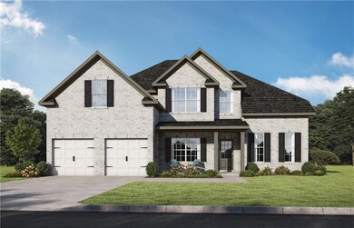 View of front facade with an attached garage, a front yard, driveway, and brick siding