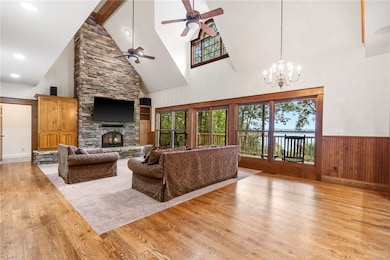 Dramatic stacked-stone fireplace