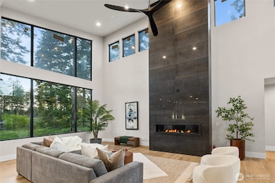 Metal floor to ceiling fireplace