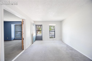 Carpeted spare room with a textured ceiling and baseboards