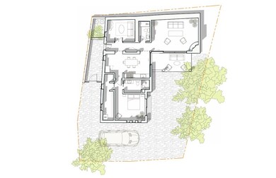 proposed floor plan- 1 bedroom with study/2nd bedroom, 2 baths, Living room and kitchen with views of the mountains 1428 sq. ft.