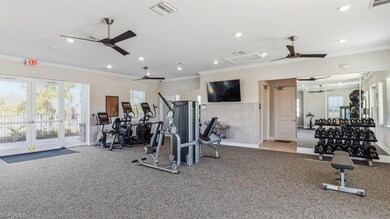 Exercise room with crown molding, ceiling fan, and